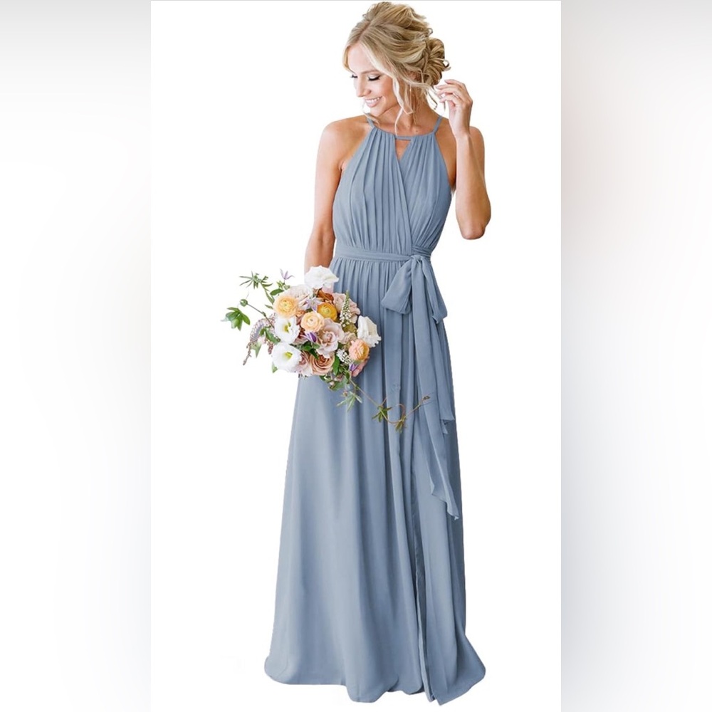 Women's Halter Chiffon Long A-Line Pleated Formal Bridesmaid Dress